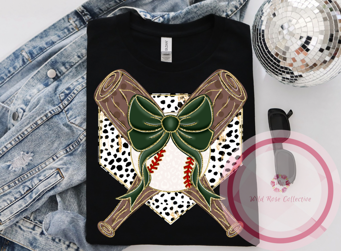Glittery Baseball Coquette with dark green bow