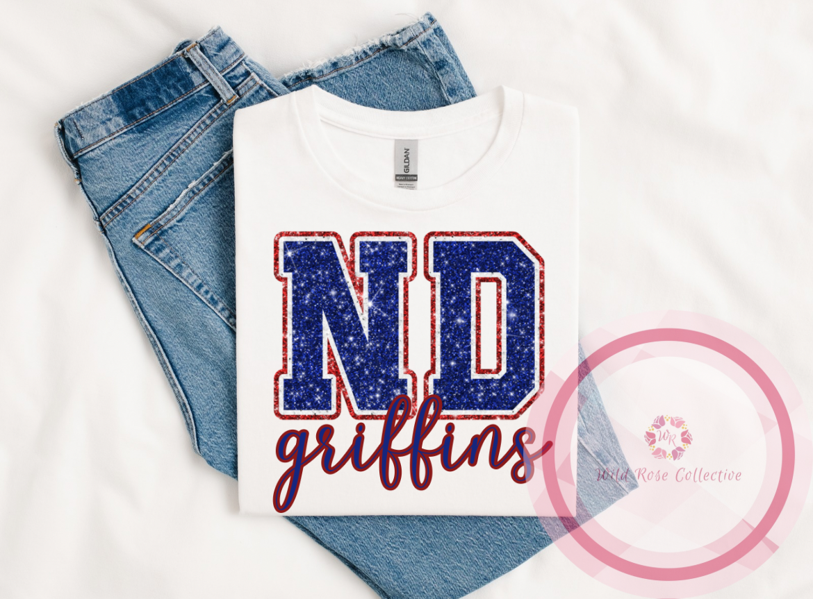 ND Griffins Glittery Varsity Letters tshirt