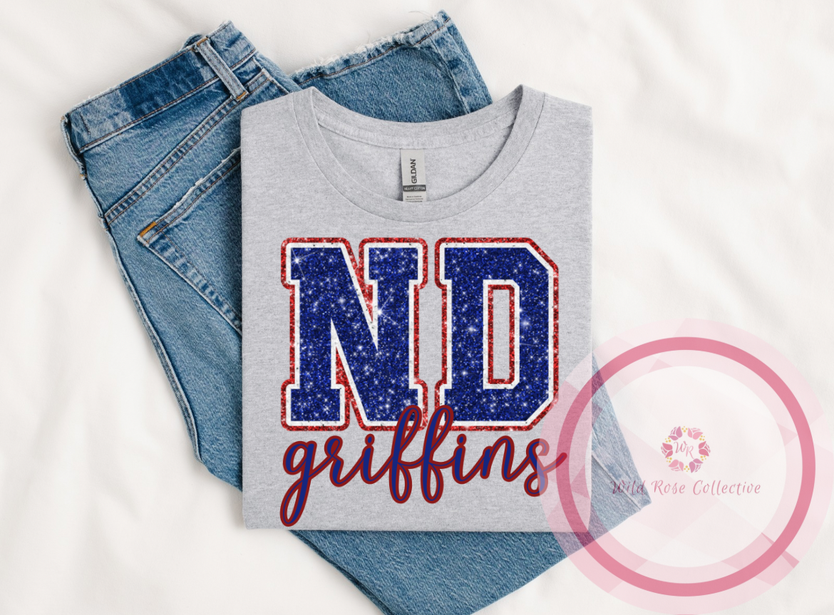 ND Griffins Glittery Varsity Letters tshirt