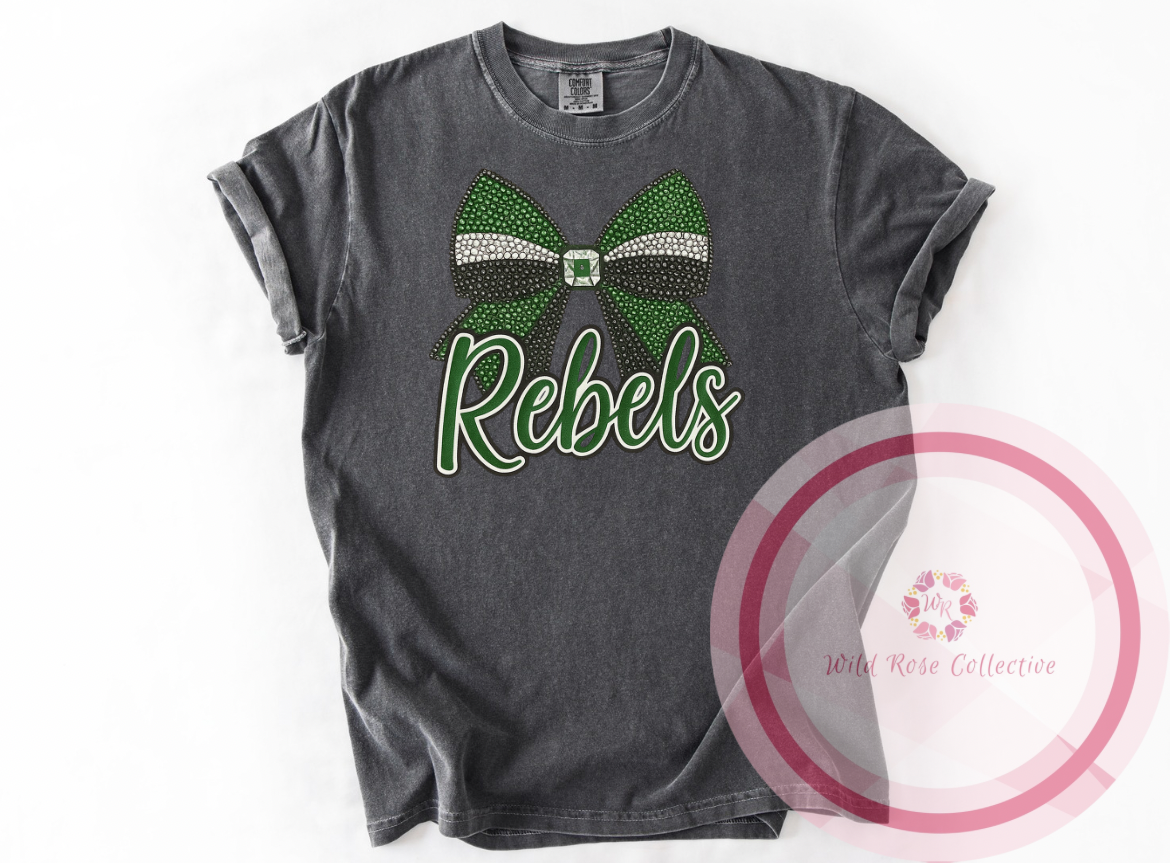 Rebels Faux Rhinestone Cheer Bow Comfort Colors Tee
