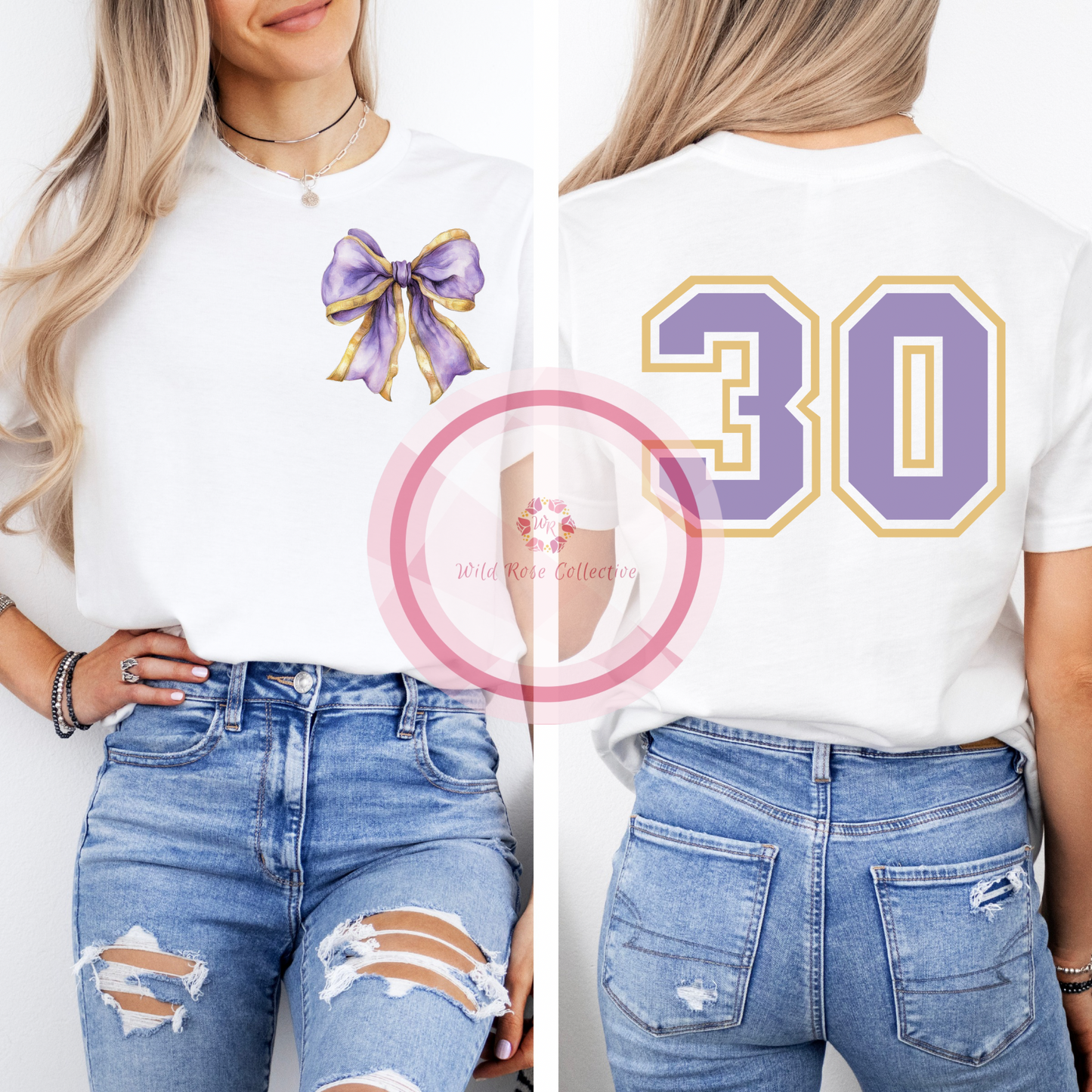 Custom baseball tee - front & back (purple/gold bow)