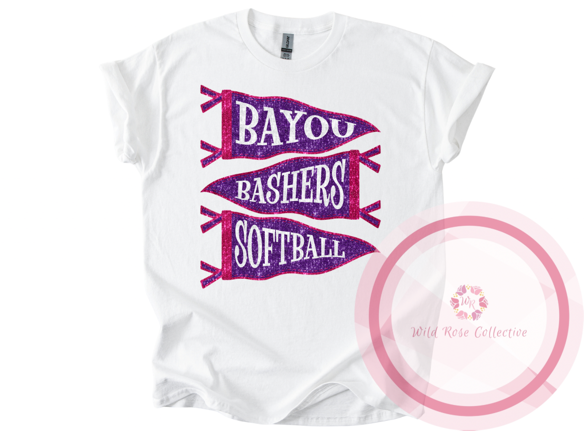 Bayou Bashers Softball Faux Sequins Pennant Flags Tshirt
