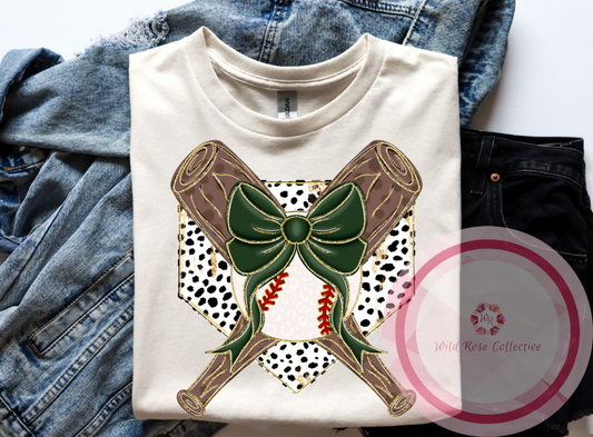 Glittery Baseball Coquette with dark green bow