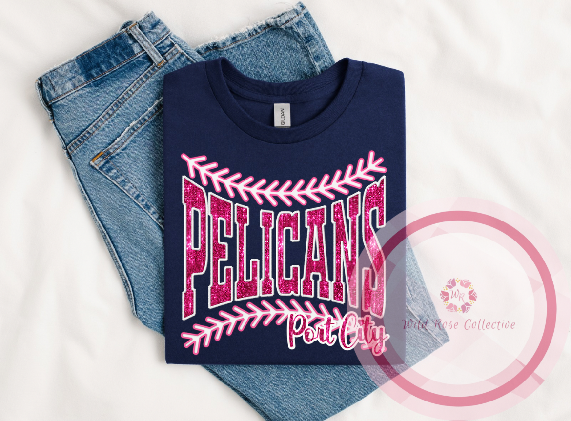 Port City Pelicans Faux Sequin Baseball Laces Tshirt