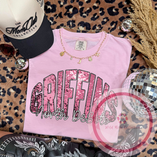 North DeSoto Griffins Faux Sequin Pink Tshirt