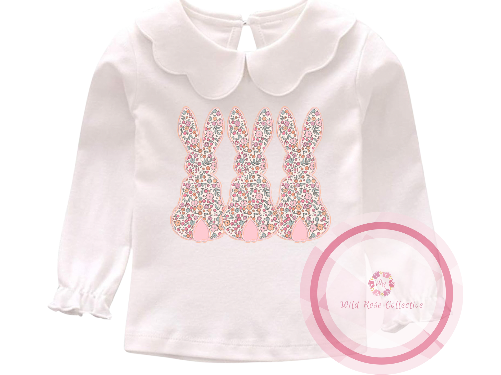 Floral bunny trio - long sleeve Peter Pan collar tee