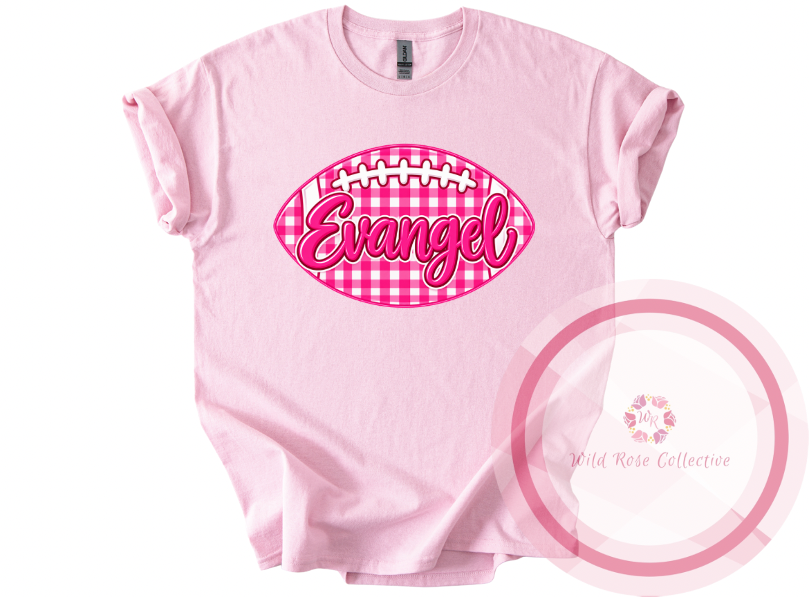 Evangel Pink Gingham Football Tshirt