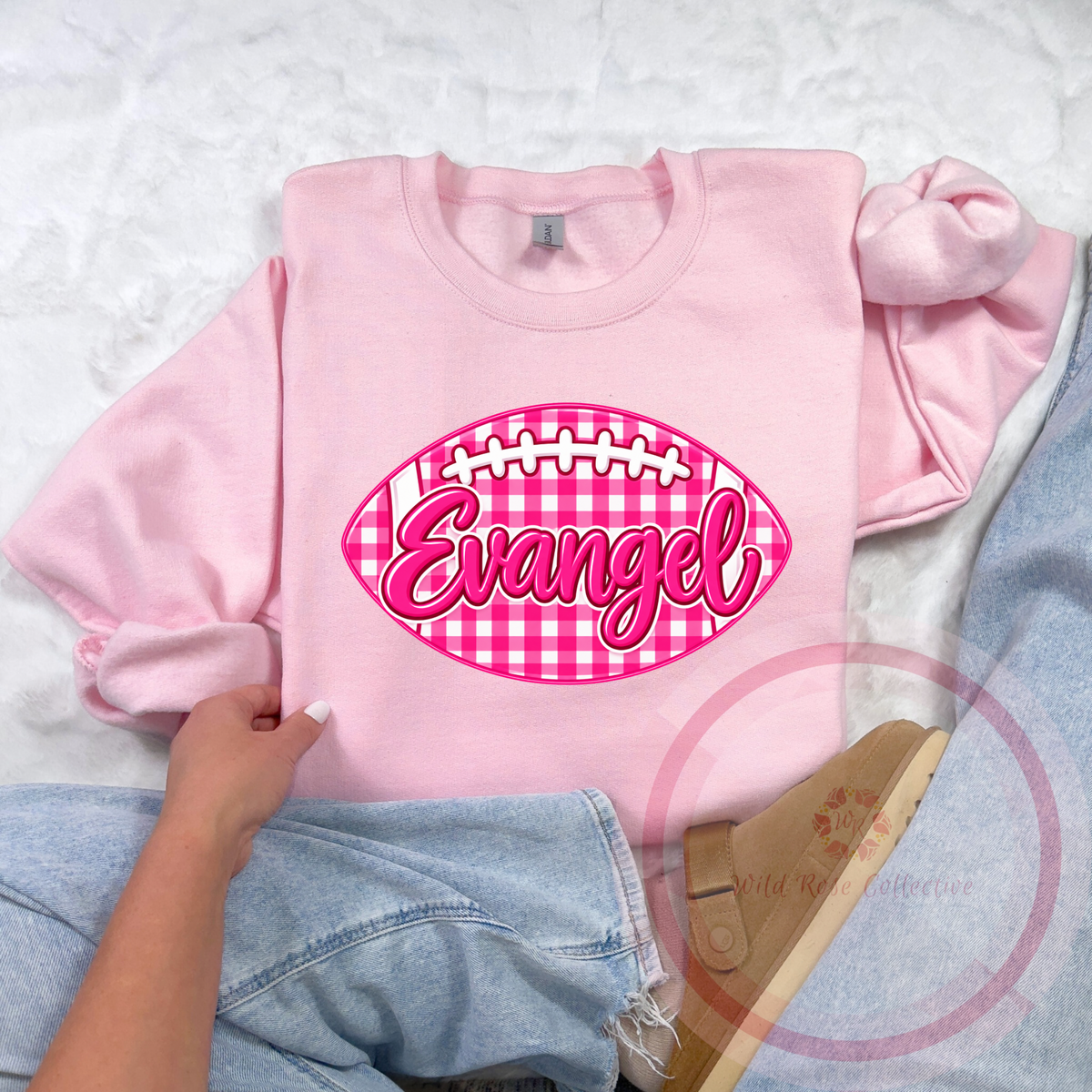 Evangel Pink Gingham Football Sweatshirt